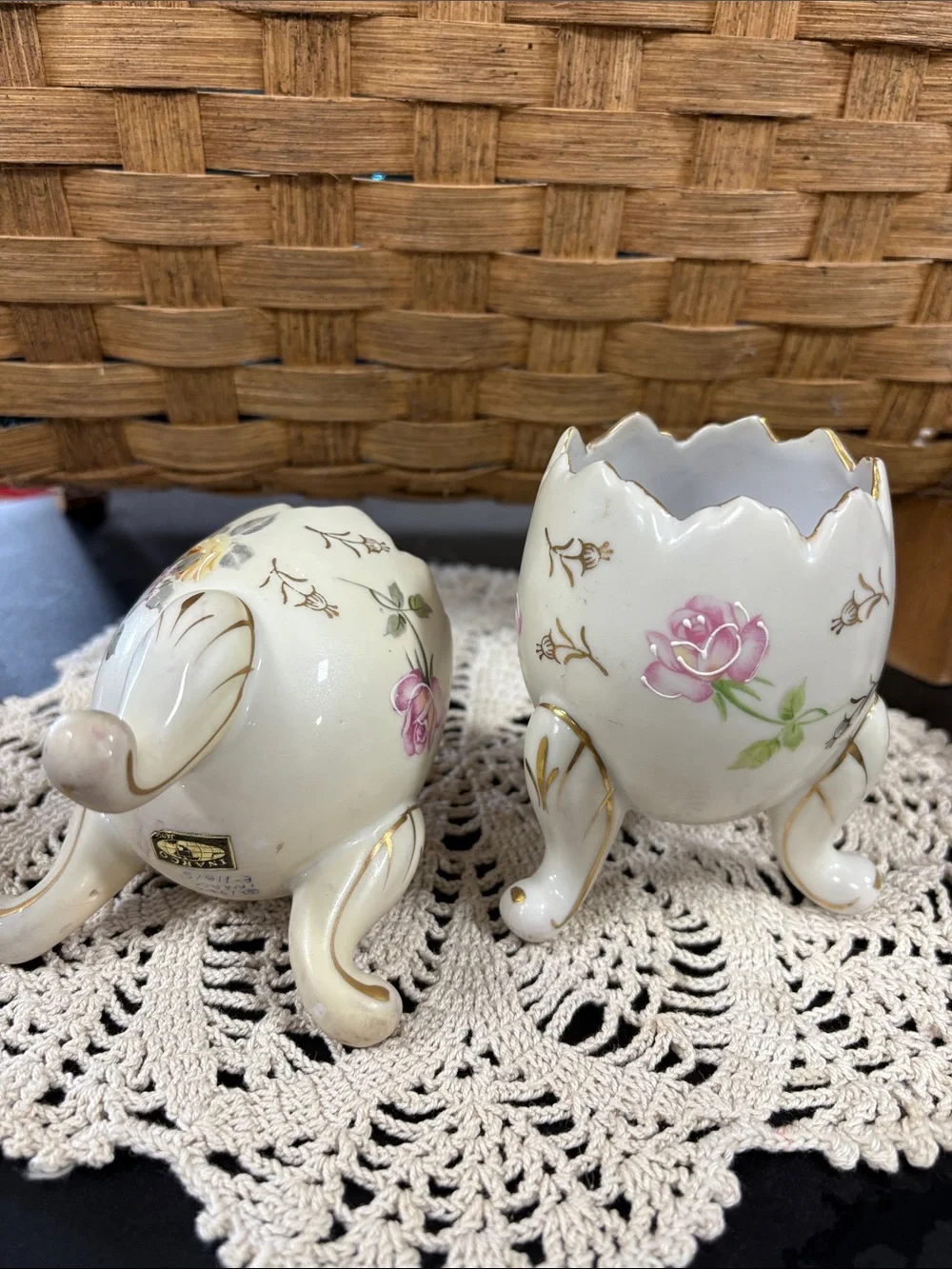 vintage 1960s Inarco porcelain egg-shaped vases with hand-painted floral designs
